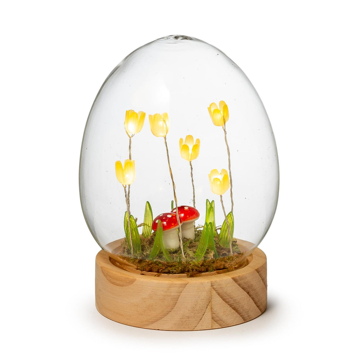 PALAIS ROYAL Uovo in Vetro con Fiori e LED 10x13cm Vetro Base Legno