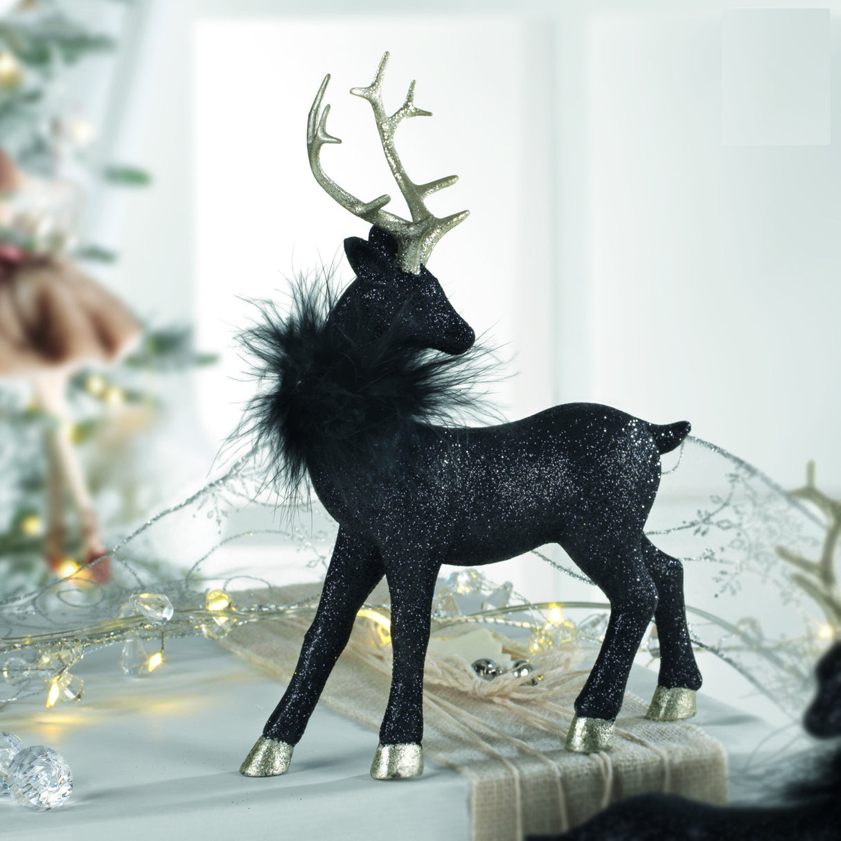 MASCAGNI CASA - Standing Deer Black Gold Feathers Christmas Decoration Statue 23 cm Resin