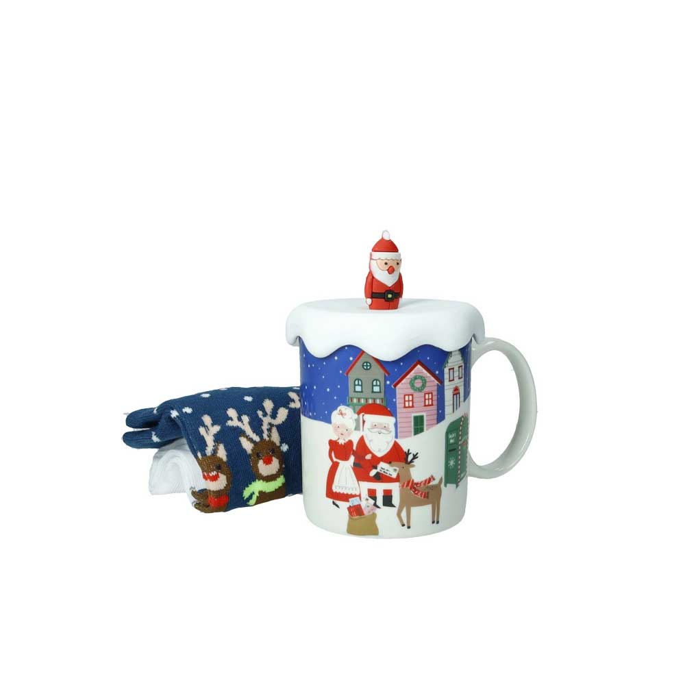 BRANDANI Tazza MUG Natalizia con Tappo e Calzini 9,5x8cm Porcellana