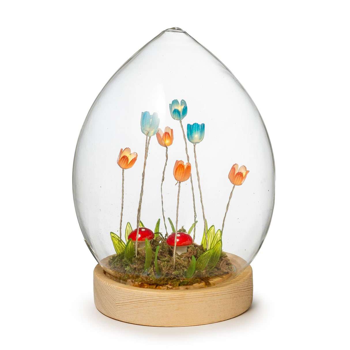 PALAIS ROYAL Uovo in Vetro con Fiori e LED 12x17cm Vetro Base Legno