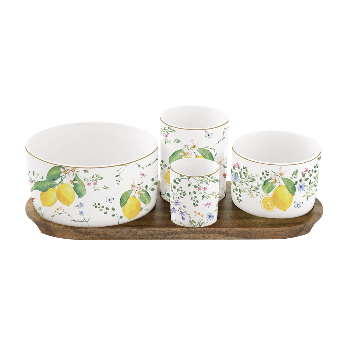 EASY LIFE Fleurs et Citrons Set Aperitivo in Acacia con 4 Ciotole in Porcellana 29x13cm
