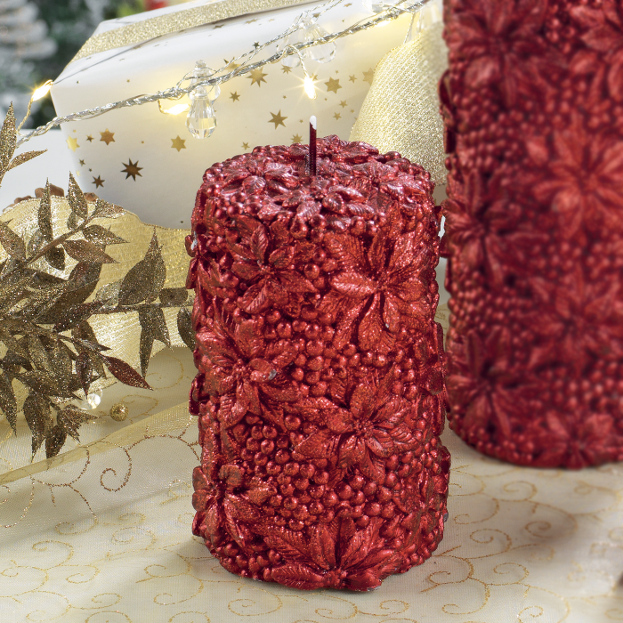 MASCAGNI CASA Cero Candela Decorata 11cm Decori in Rilievo Rosso