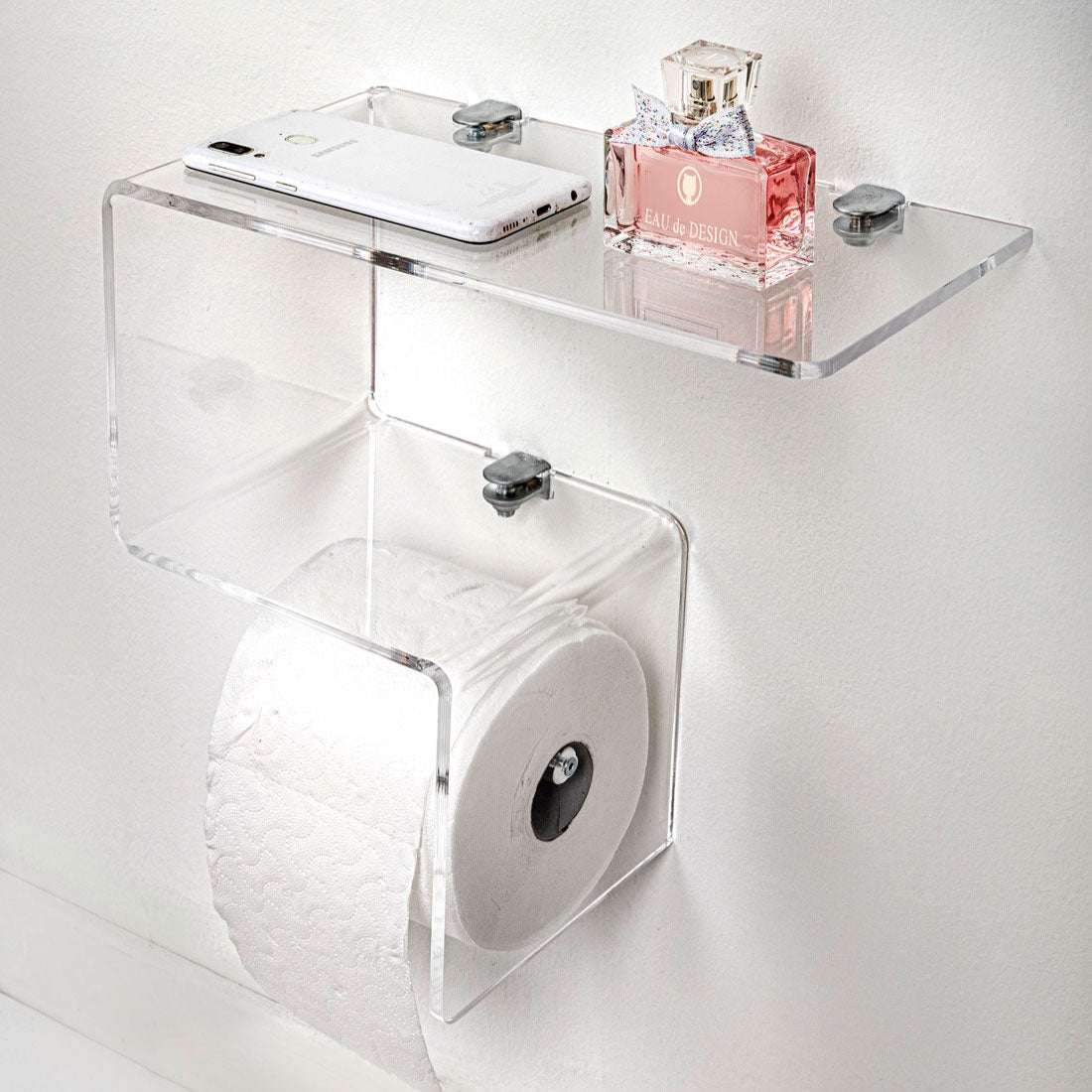 iPLEX Clio Mensola Portarotolo e Ripiano Portaoggetti 30x30cm Trasparente Made in Italy PMMA