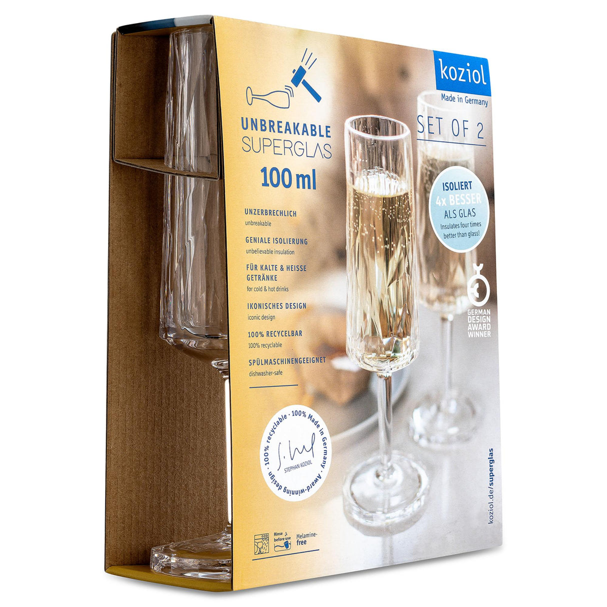 KOZIOL Set 2 Calici Spumante Champagne 20cm 100ml Club No. 14 Superglas Indistruttibili