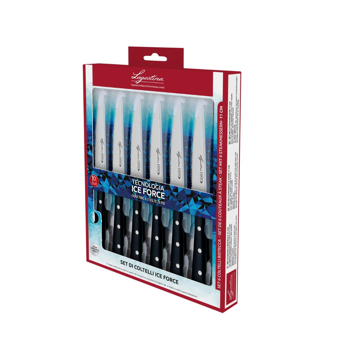LAGOSTINA Iceforce Set 6 Coltelli Bistecca 11cm Acciaio Inox Doppio Rivetto Manico Ergonomico