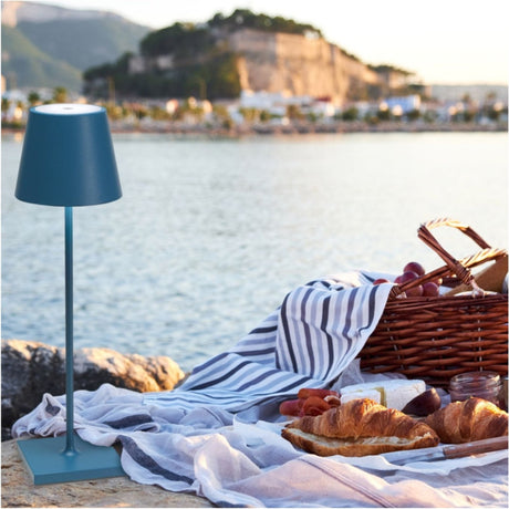 ZAFFERANO Poldina PRO Lampada da Tavolo 38cm LED Ricaricabile Senza Fili Blu Avio Alluminio