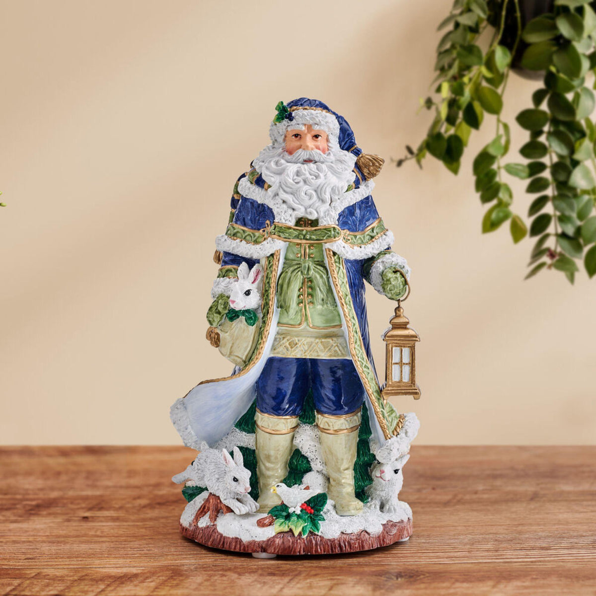 FITZ & FLOYD Figura Natalizia Babbo Natale Blu con Lanterna in Ceramica 50 cm