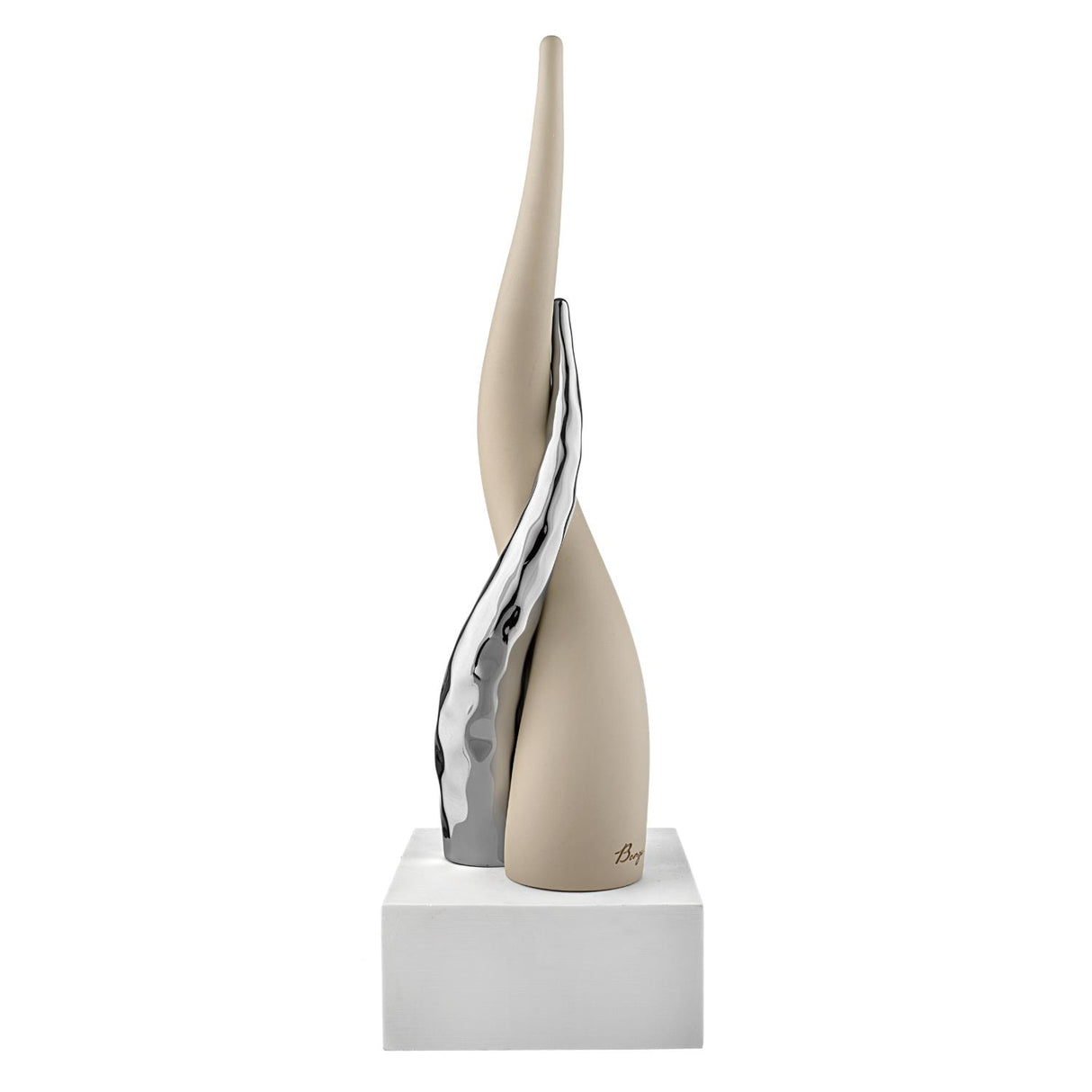 BONGELLI PREZIOSI Cornetto Corni Intrecciati Base Bianca Corno Nocciola Argento 20cm Marmorino