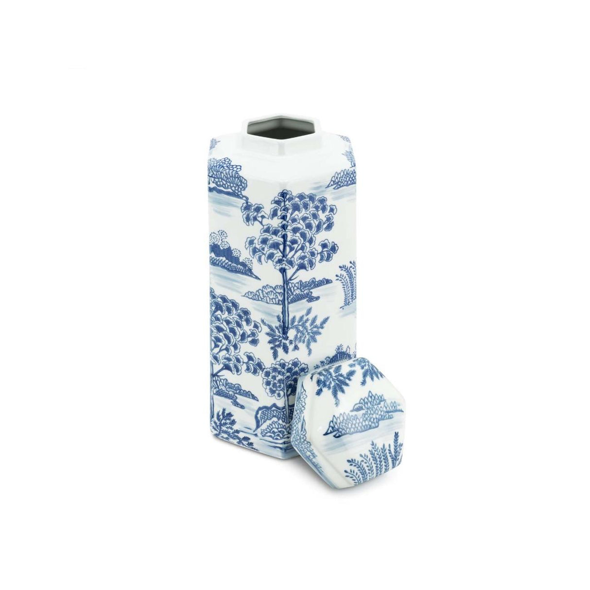 ABHIKA Vaso con Coperchio Potiche Orientale Chino 39x18cm Bianco Blu Ceramica