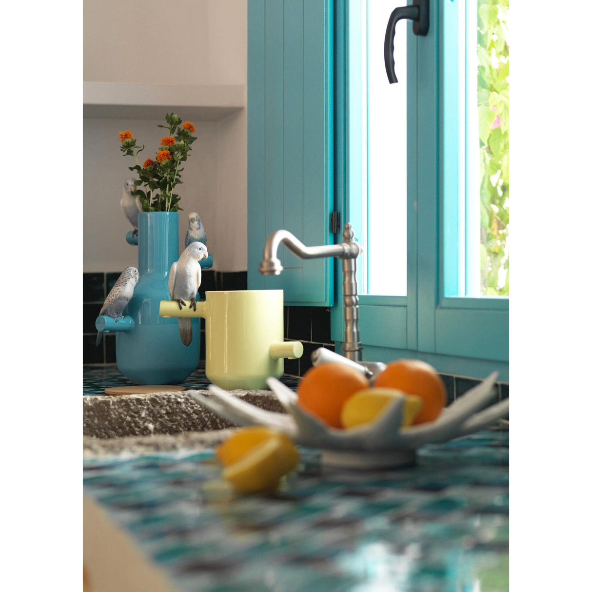 LLADRO' Vaso Parrot Parade Turchese 41x25cm Porcellana