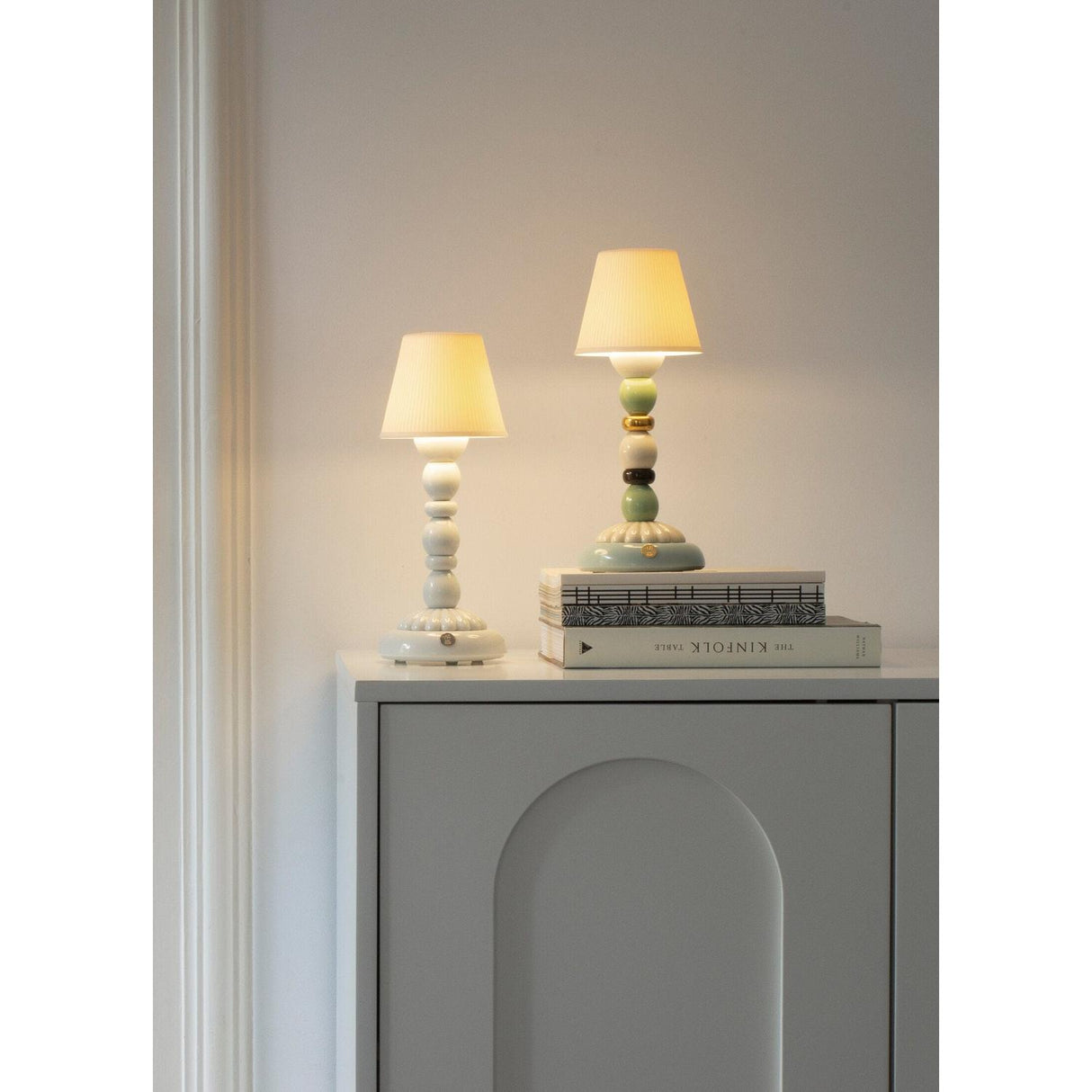 LLADRO' Lampada da Tavolo Lotus Firefly Autunno Dorato Verde e Azzurro 30x12cm Porcellana