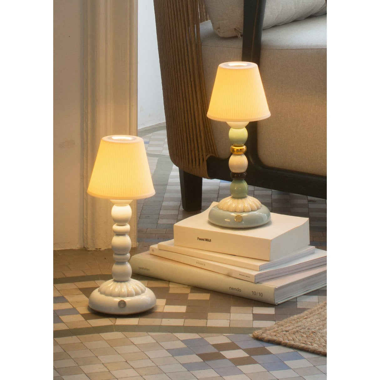 Lladró Lampada da Tavolo Lotus Firefly Autunno Dorato Verde e Azzurro 30x12cm Porcellana