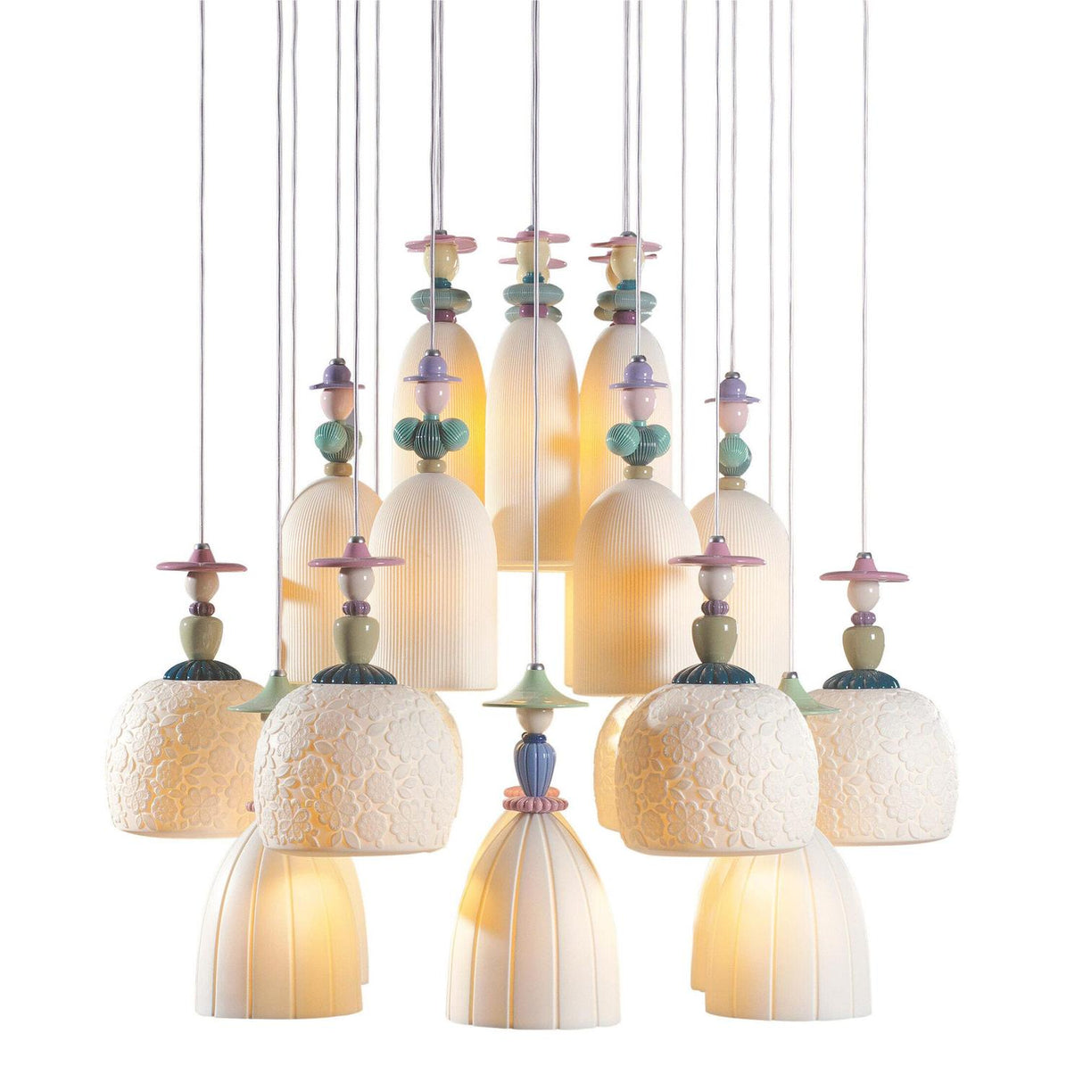 Lladró Chandelier Mademoiselle Passeggiando Tra Le Zagare 24 Luci 197x90cm Porcellana