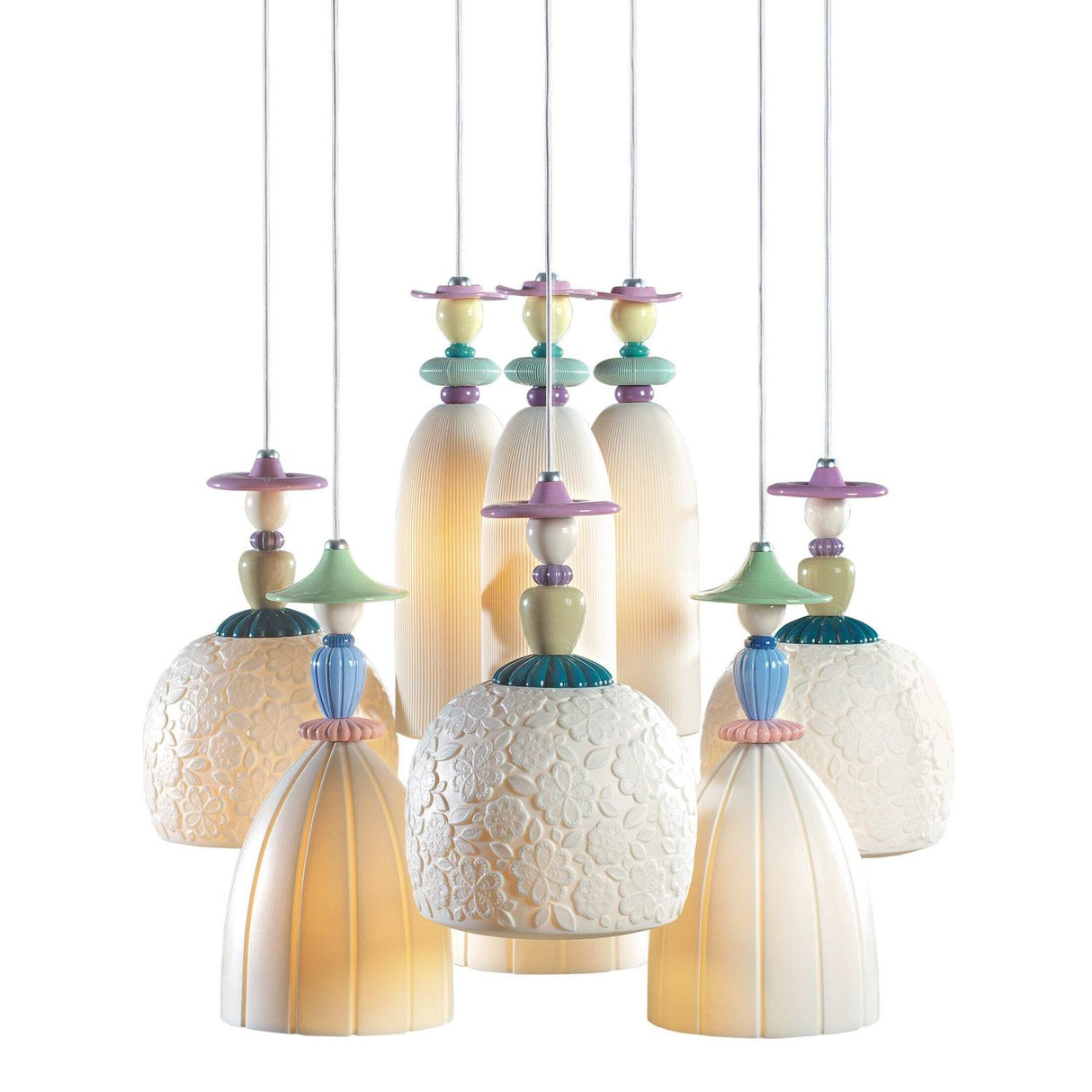 Lladró Chandelier Mademoiselle Sognando di Fronte Al Mare 9 Luci 197x60cm Porcellana