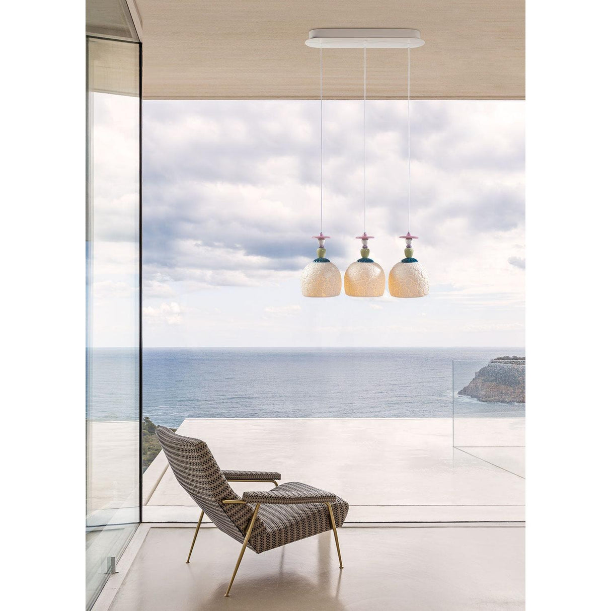 LLADRO' Lampadario Mademoiselle Composizione Lineare 3 Luci Contemplando L'Oceano 193x62cm Porcellana