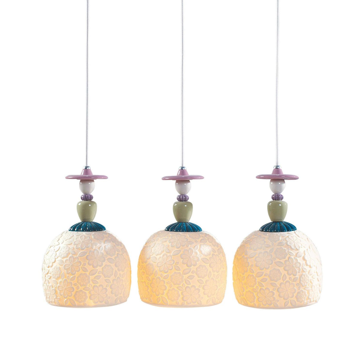 LLADRO' Lampadario Mademoiselle Composizione Lineare 3 Luci Contemplando L'Oceano 193x62cm Porcellana