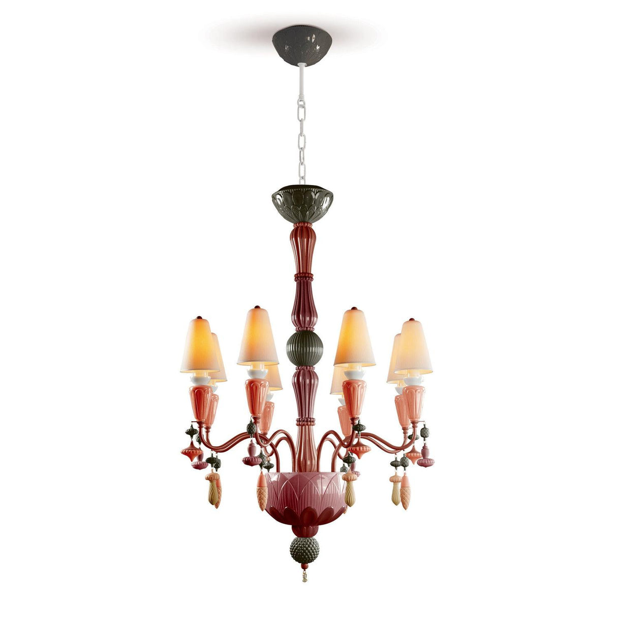 LLADRO' Chandelier Ivy e Seed 8 Luci Rosso Corallo 123x70cm Porcellana