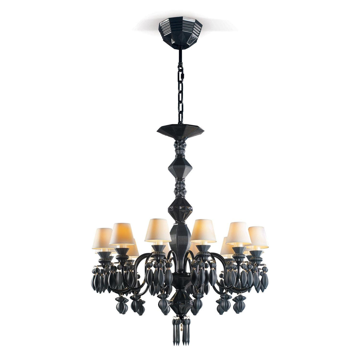 LLADRO' Chandelier Belle De Nuit 12 Luci Nero Assoluto 100x65cm Porcellana