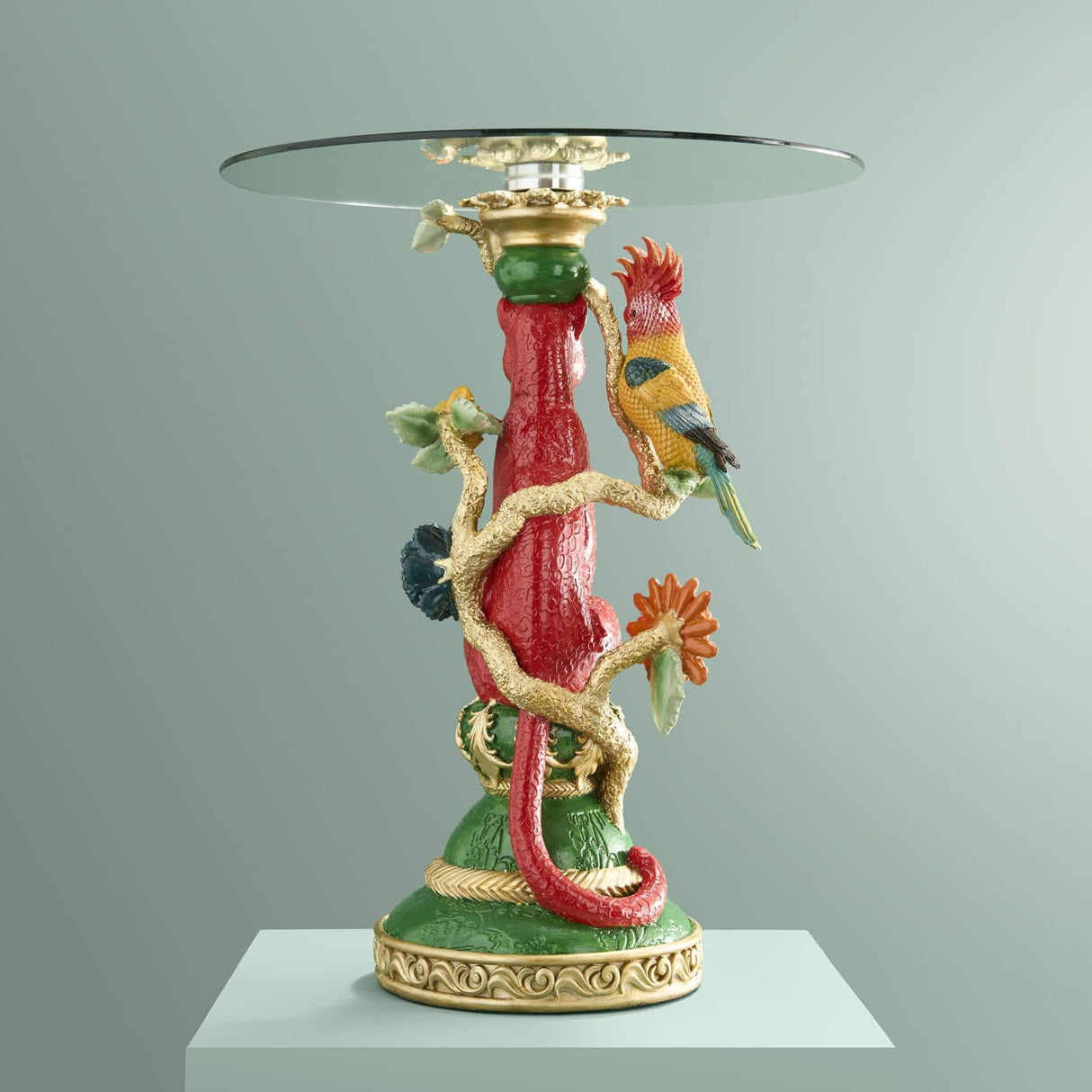 WERNS Tavolino Leopardo con Cacatua 40x51cm Poliresina