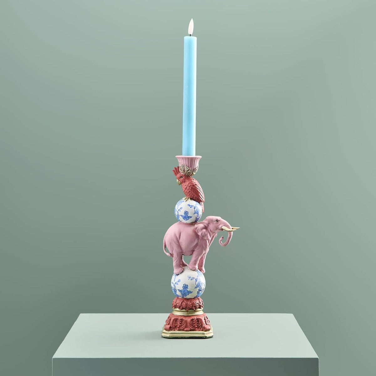 WERNS Candelabro Pappagallo su Elefante Dipinto a Mano 30,5x13cm Poliresina