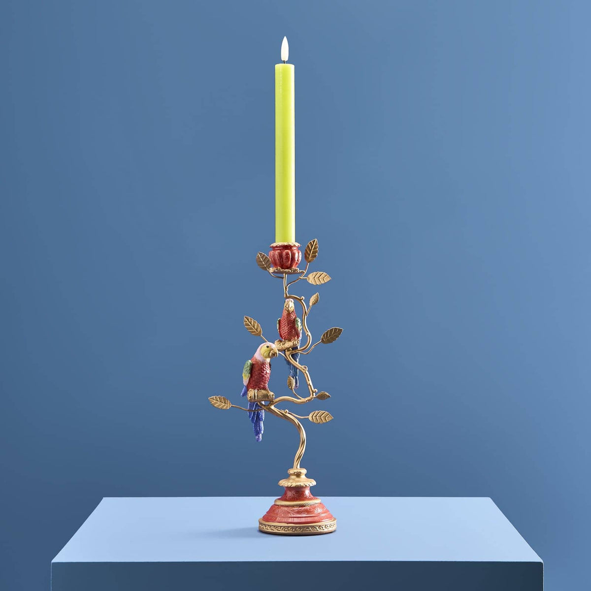 WERNS Candelabro Portacandele Dipinto a Mano Pappagalli 33x16cm Poliresina e Metallo