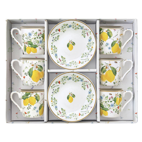 EASY LIFE Fleurs et Citrons Set 6 Tazzine Espresso con Piattini 100ml Porcellana