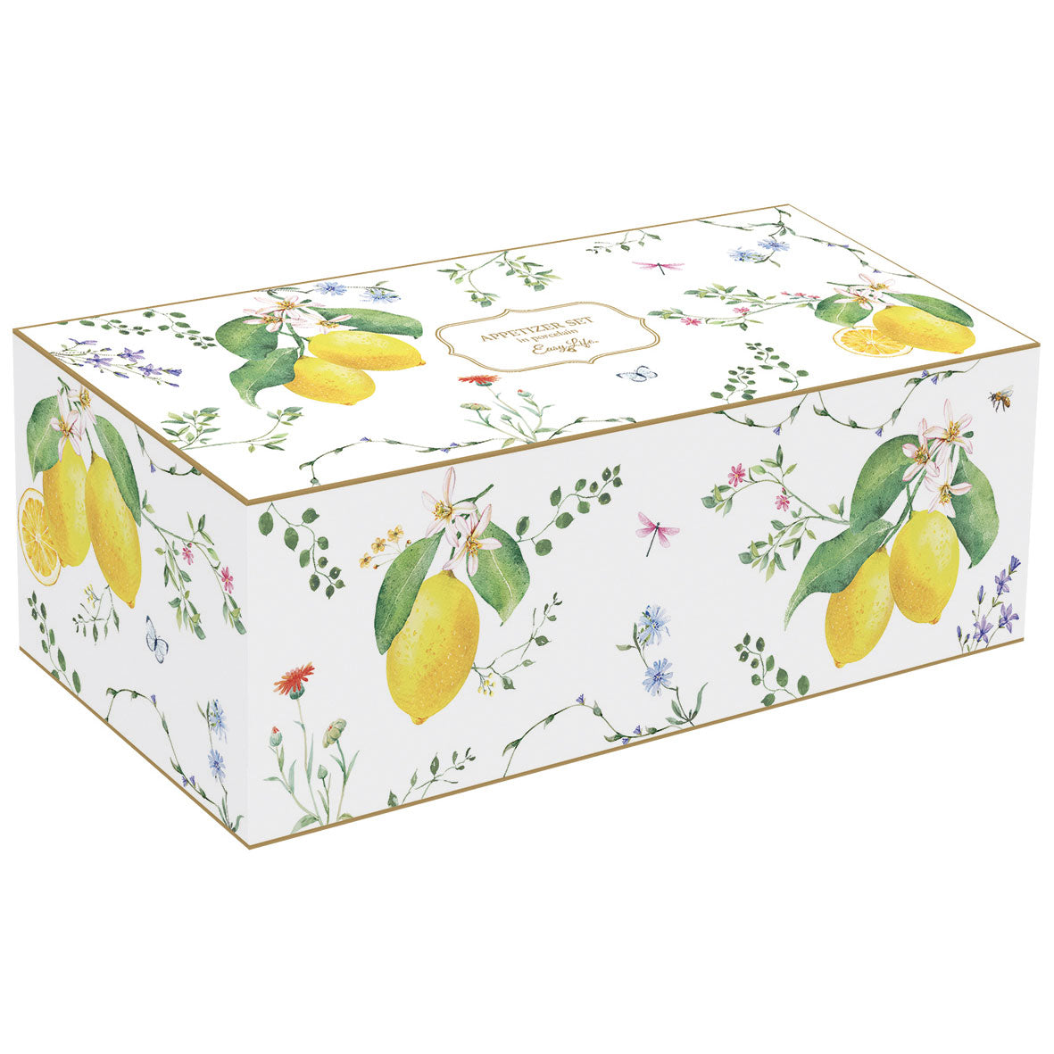 EASY LIFE Fleurs et Citrons Set Aperitivo in Acacia con 4 Ciotole in Porcellana 29x13cm