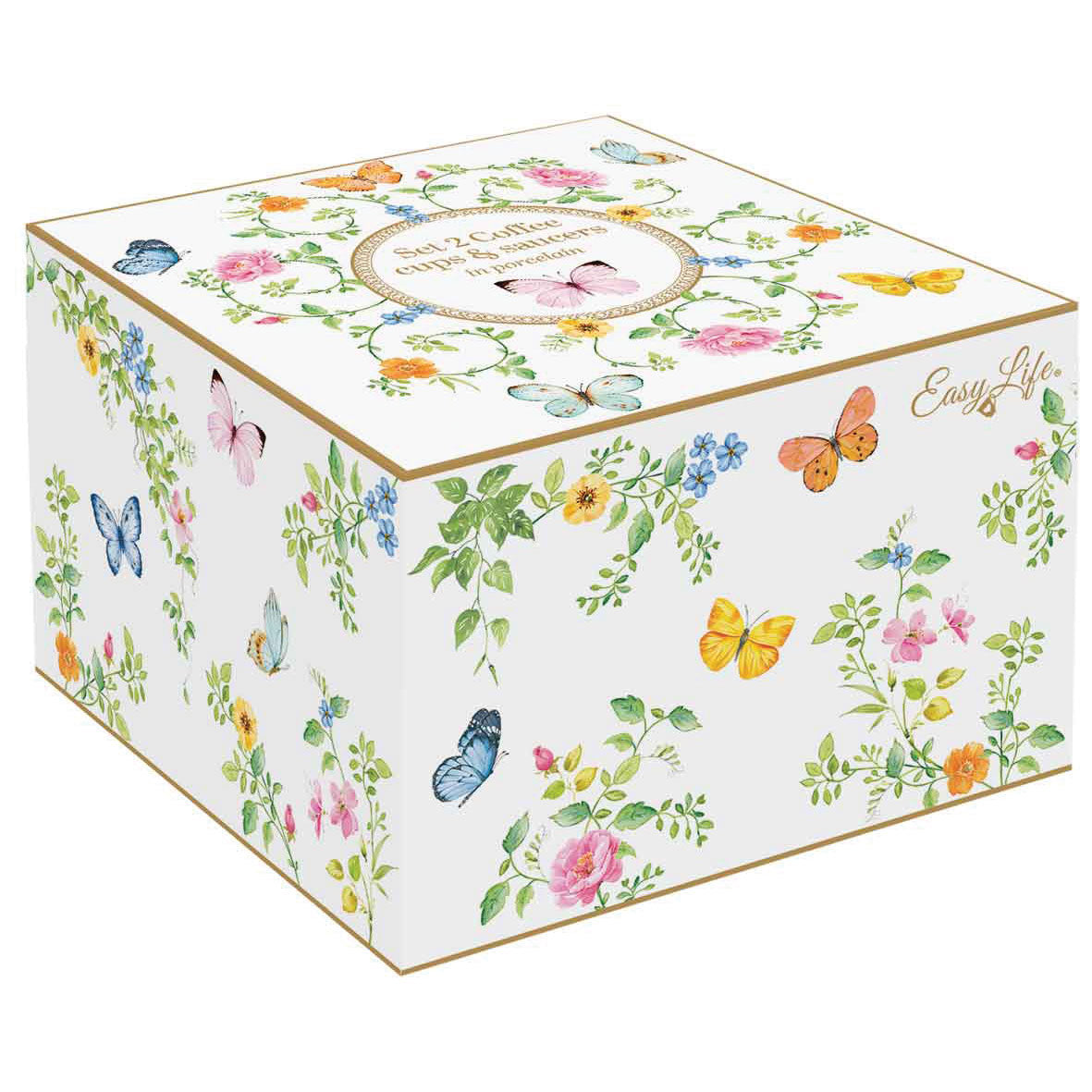 EASY LIFE Dancing Butterflies Set 2 Tazze Caffè con Piattino 120ml Porcellana