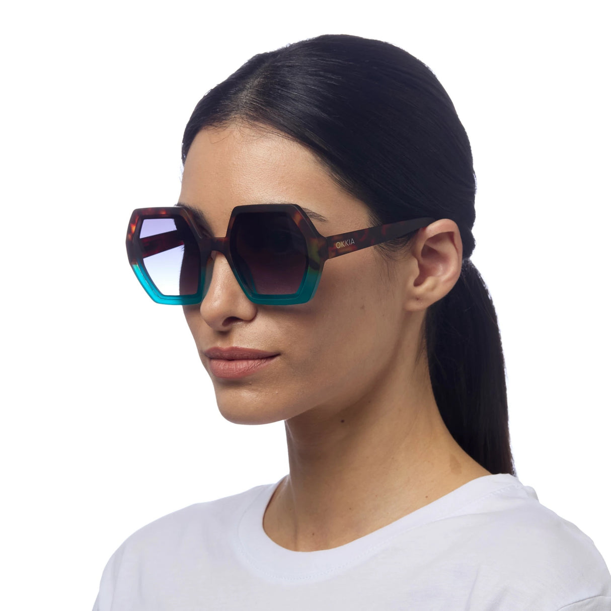 OKKIA Emma Occhiali da Sole Donna Esagonali Avana Blu