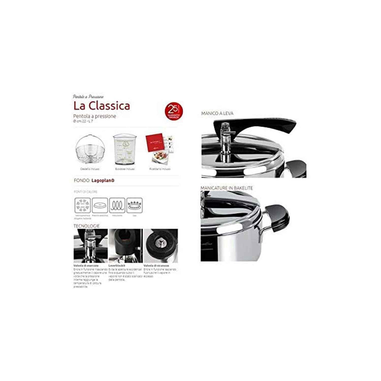 LAGOSTINA The Classic Lagofusion Pressure Cooker 7L Stainless Steel 22cm