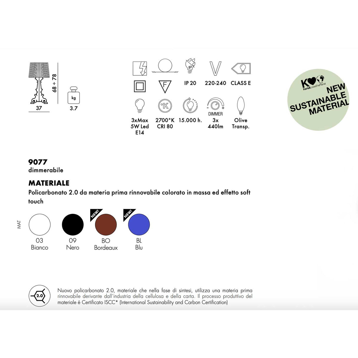 KARTELL Bourgie Lampada da Tavolo Blu Mat 78cm Policarbonato 2.0