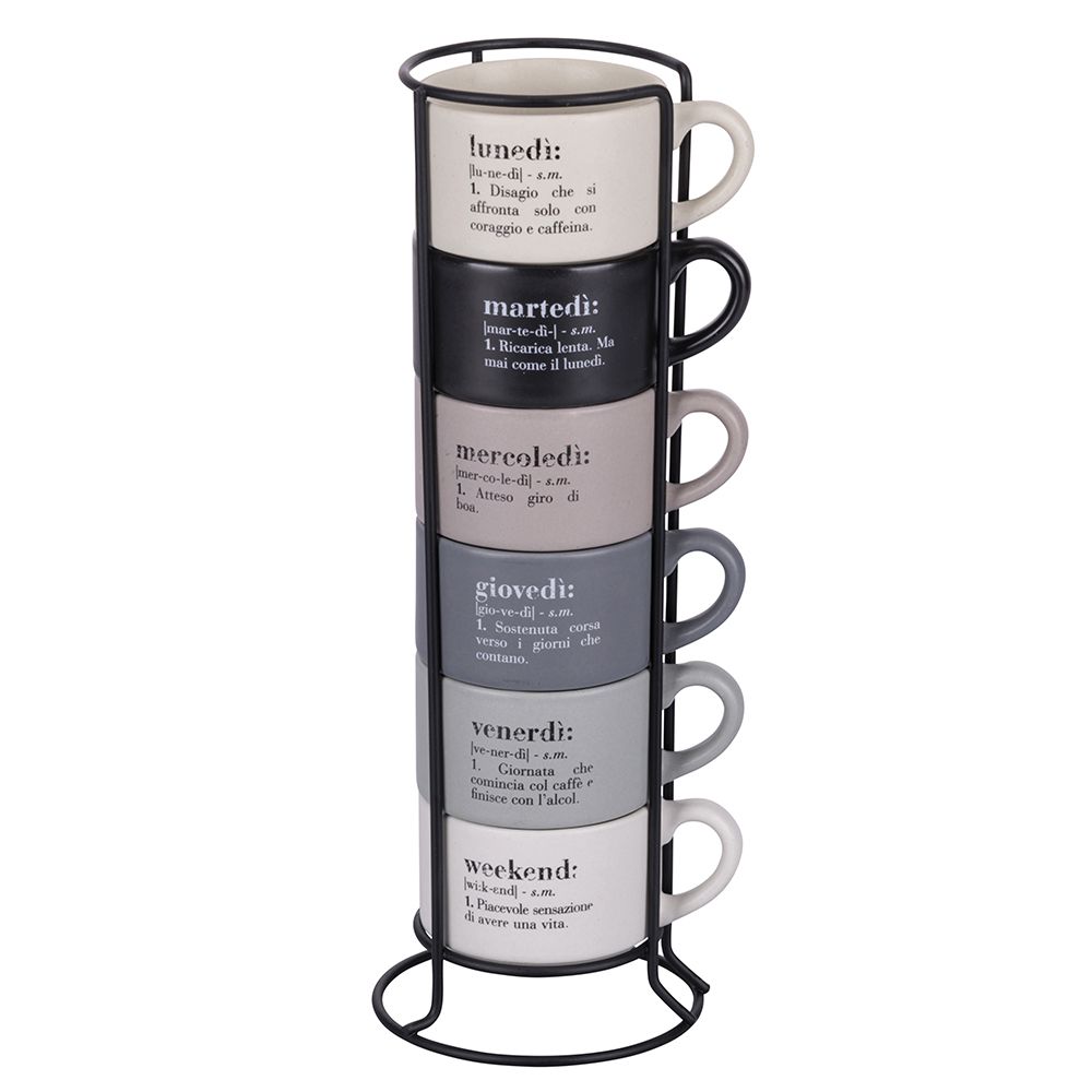 VILLA D'ESTE HOME TIVOLI Victionary Week Tazzine Caffè Set 6 Pezzi 90ml Porcellana con Stand