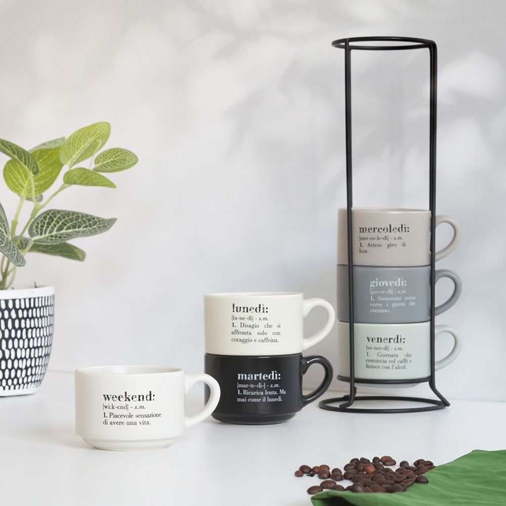 VILLA D'ESTE HOME TIVOLI Victionary Week Tazzine Caffè Set 6 Pezzi 90ml Porcellana con Stand