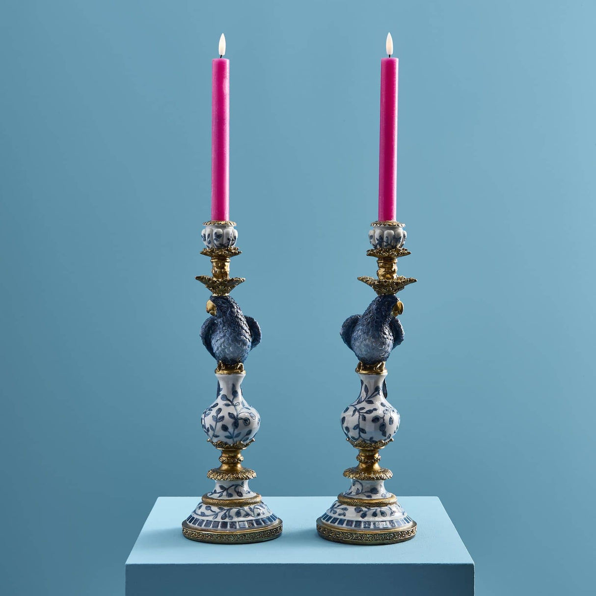 WERNS Candelabro Portacandele Pappagalli Set 2 Pezzi 39,5cm Blu Poliresina e Metallo