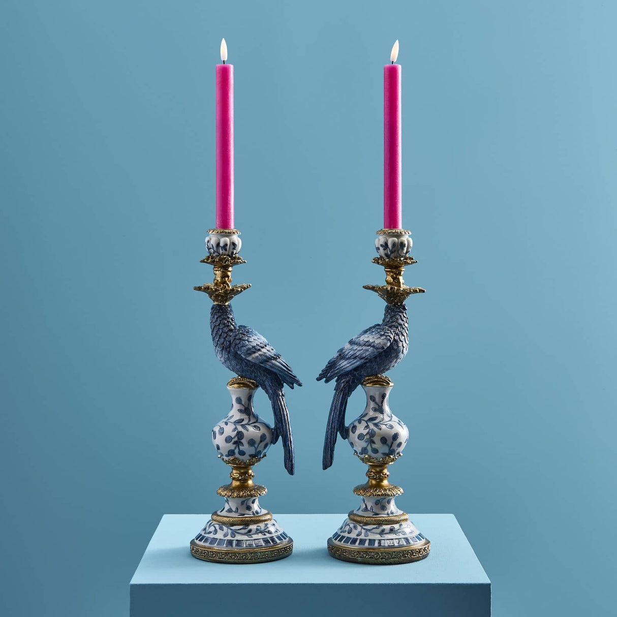 WERNS Candelabro Portacandele Pappagalli Set 2 Pezzi 39,5cm Blu Poliresina e Metallo