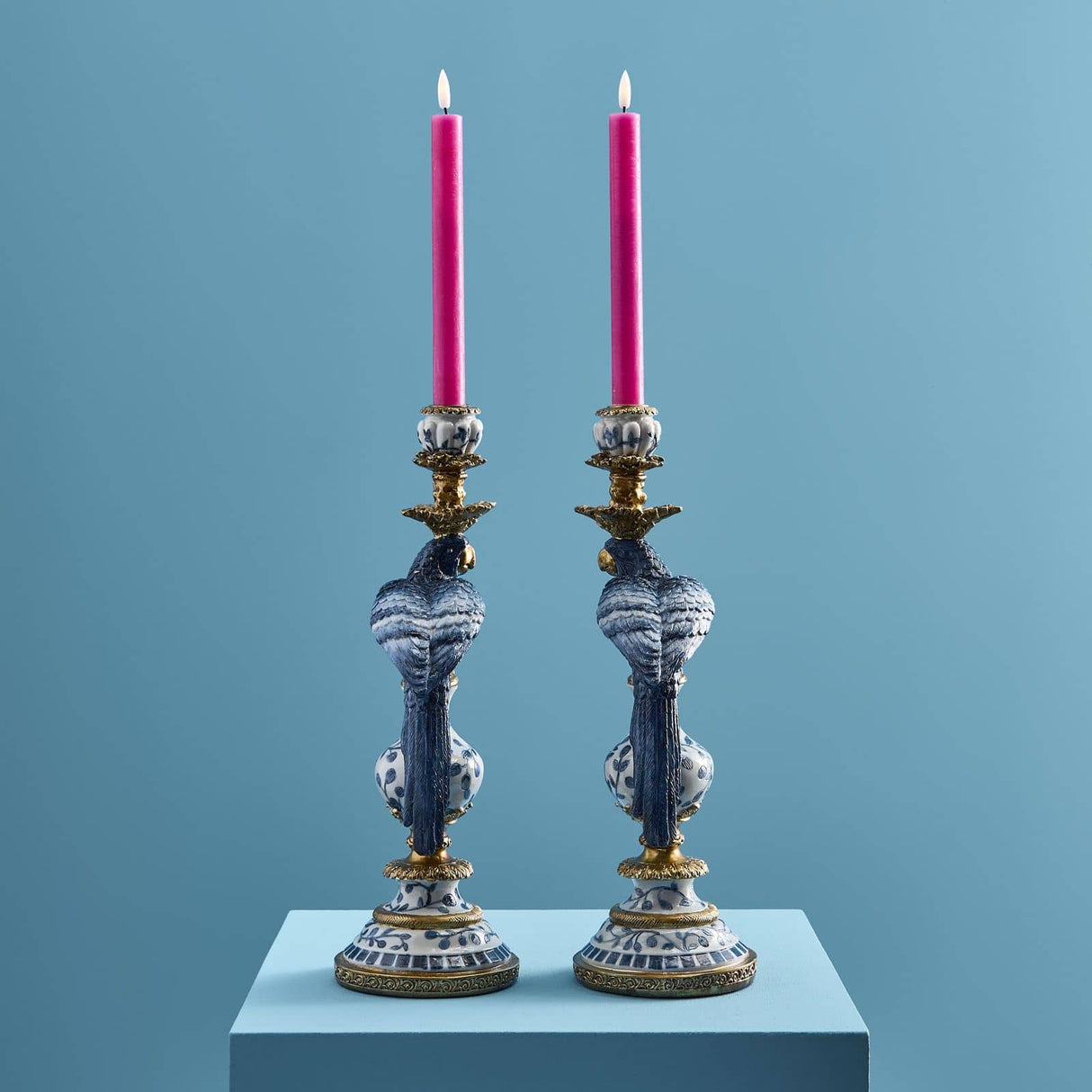 WERNS Candelabro Portacandele Pappagalli Set 2 Pezzi 39,5cm Blu Poliresina e Metallo