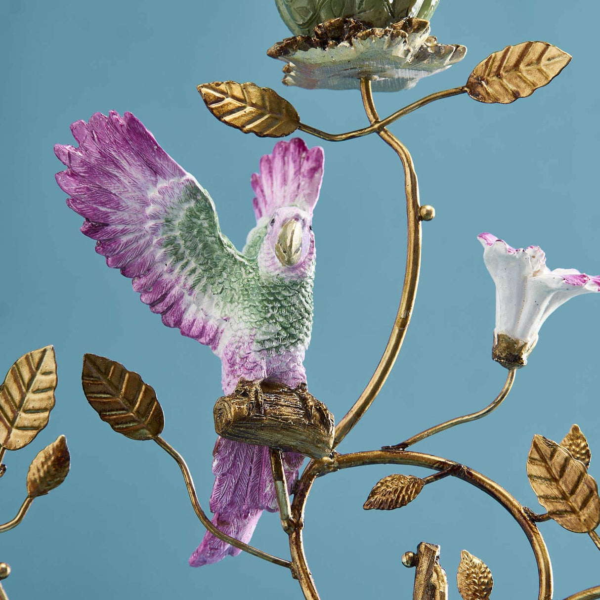 WERNS Candelabro Portacandele Pappagallo 38cm Verde Oro Poliresina e Metallo