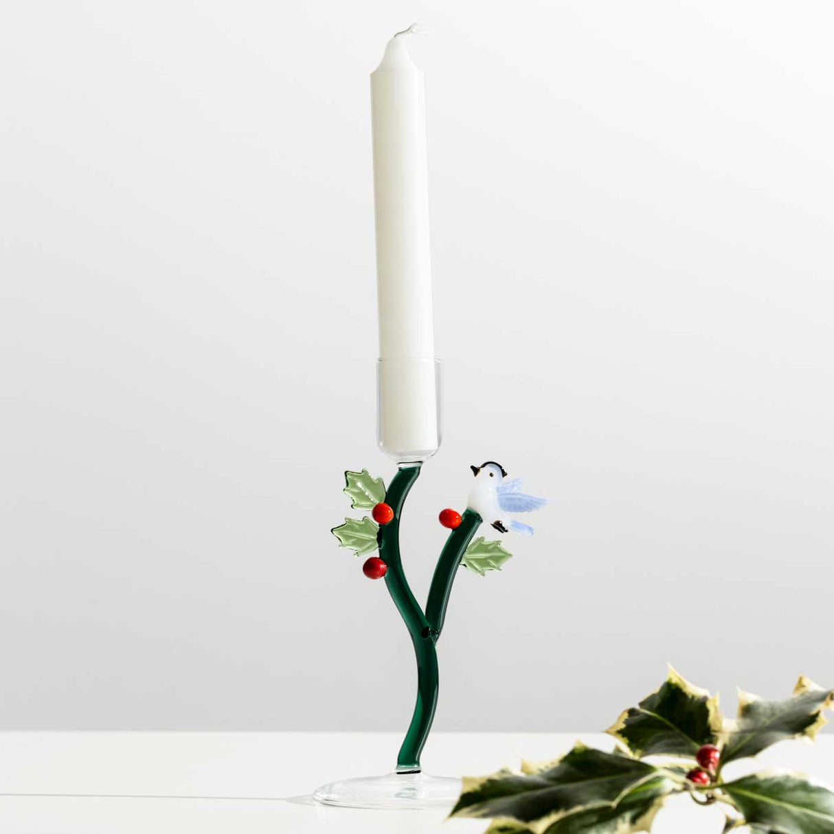 ICHENDORF Woodland Tales Candeliere Agrifoglio e Uccellino Azzurro 18,5cm Vetro Borosilicato