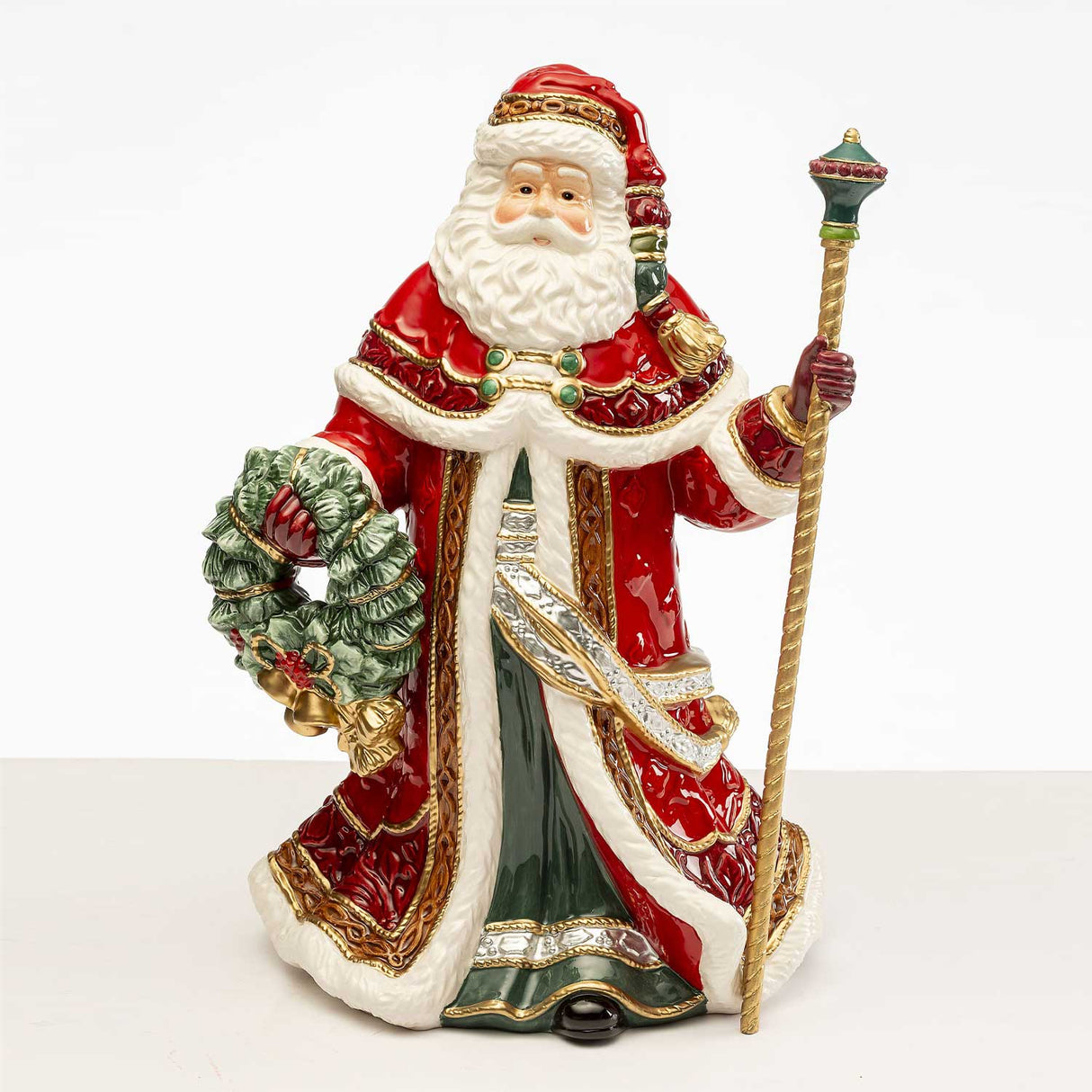 FITZ & FLOYD Figura Decorazione Natalizia Babbo Natale con Ghirlanda 33cm Porcellana