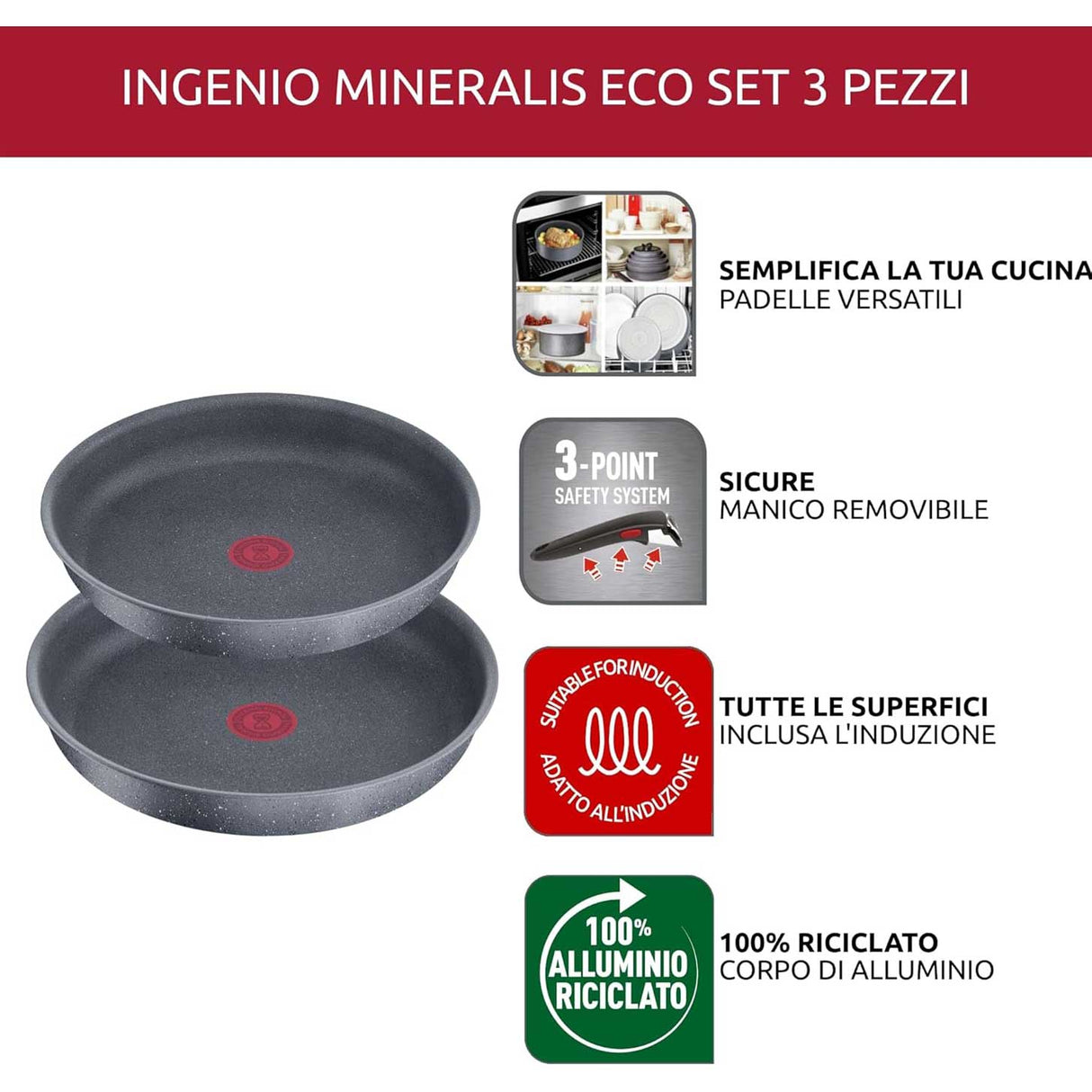 LAGOSTINA Ingenio Minerals Set 3 Pezzi Padelle con Manico Rimovibile 24-28cm Alluminio