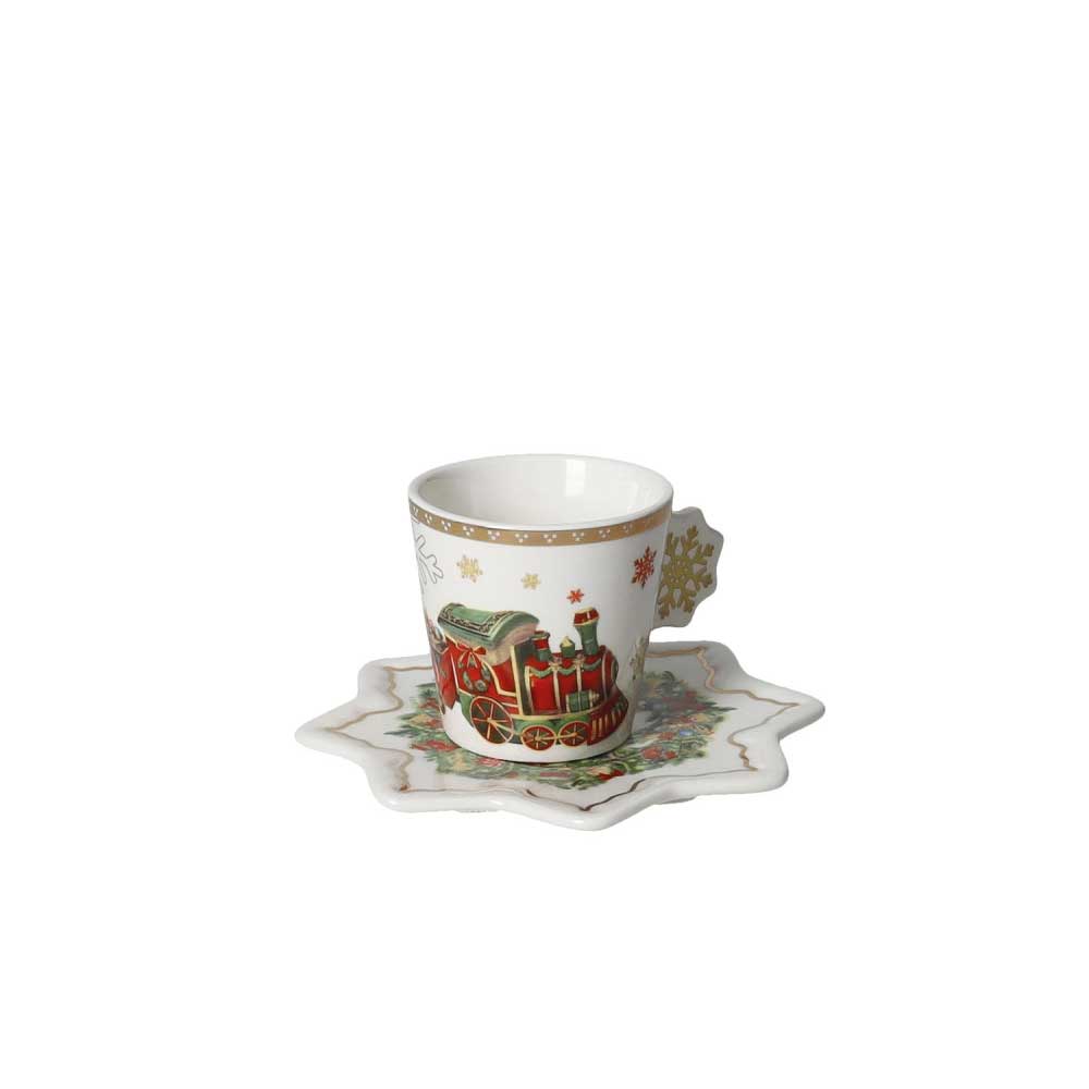 BRANDANI Christmas Tazzina Caffè Natalizia Set 2 Pezzi 27cm Porcellana