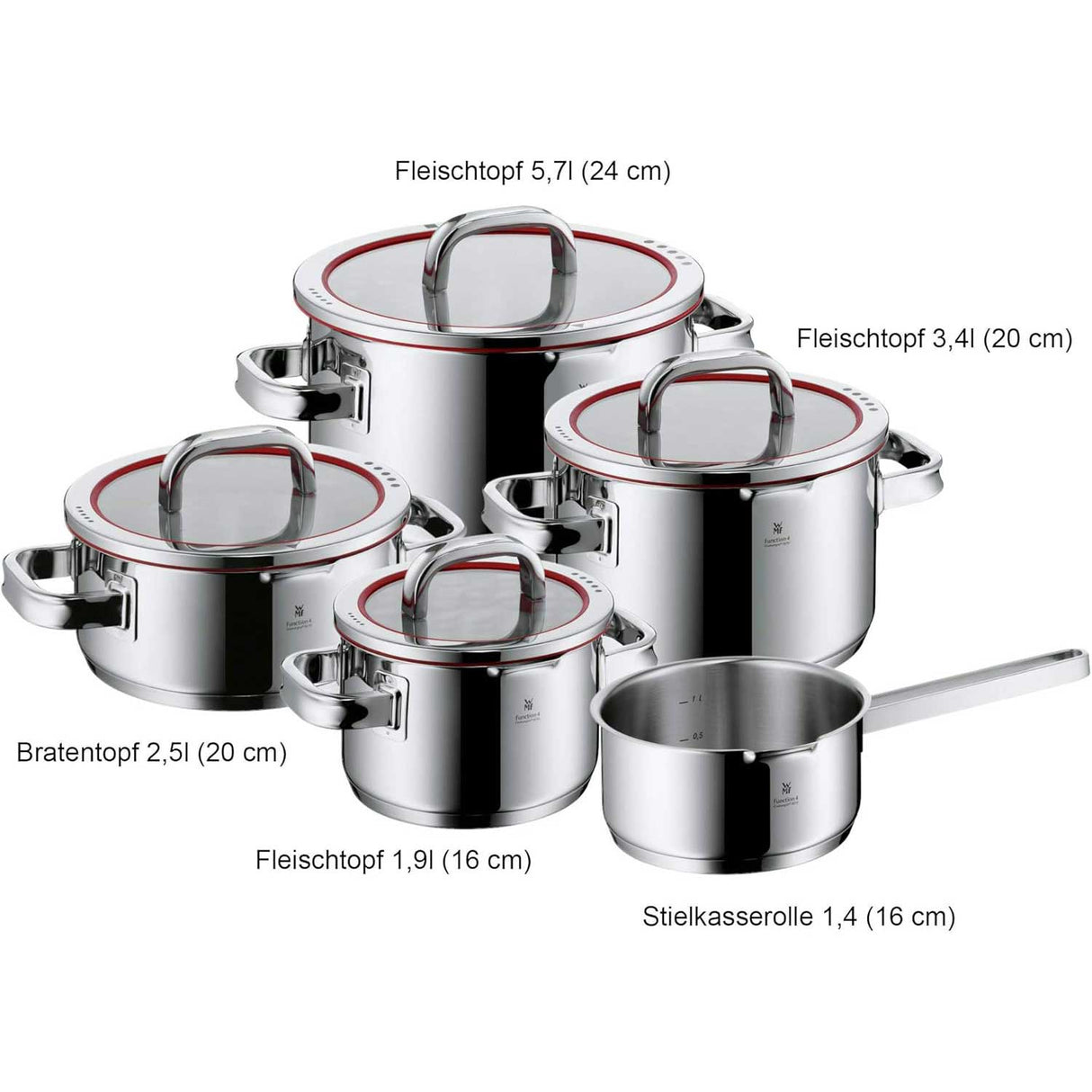 WMF Function 5 Pezzi Set di Pentole Batteria in Acciaio Inox 18/10 Cromargan