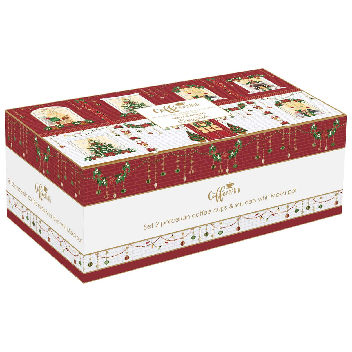 EASY LIFE Festive Avenue Set 2 Tazzine Caffè Espresso con Piattino e Caffettiera Porcellana