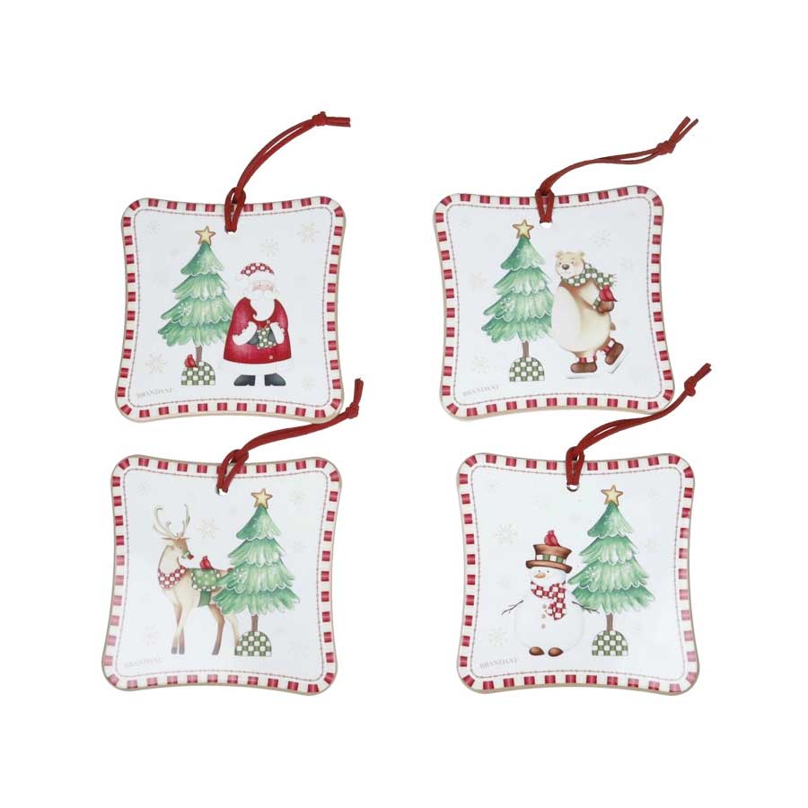 BRANDANI Racconti Decorazione Sottopentola Natalizio Set 4 Pezzi 10,5x10,5cm Ceramica Sughero