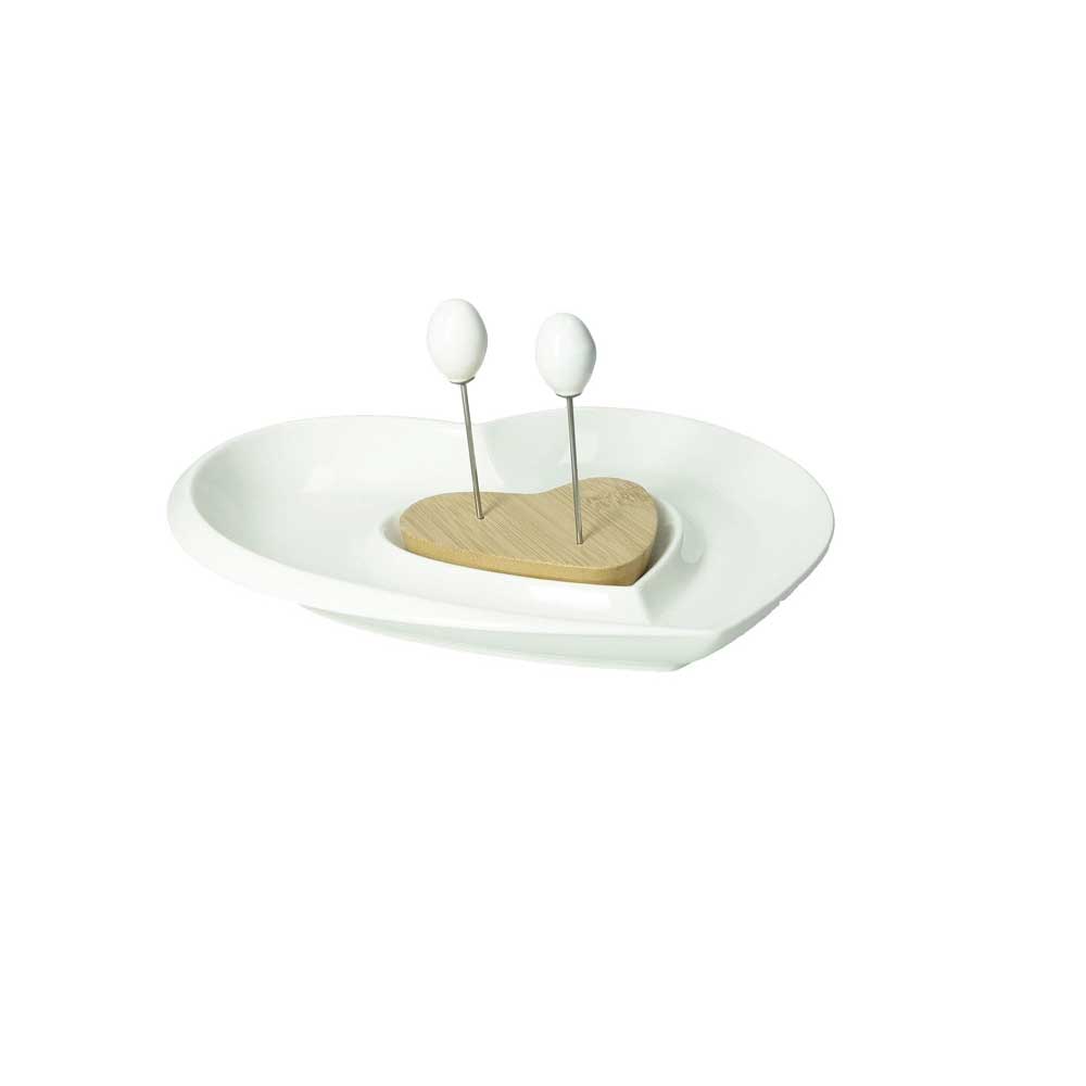 BRANDANI Antipastiera Love Porcellana e Bamboo con 2 Forchette 23x22,5cm