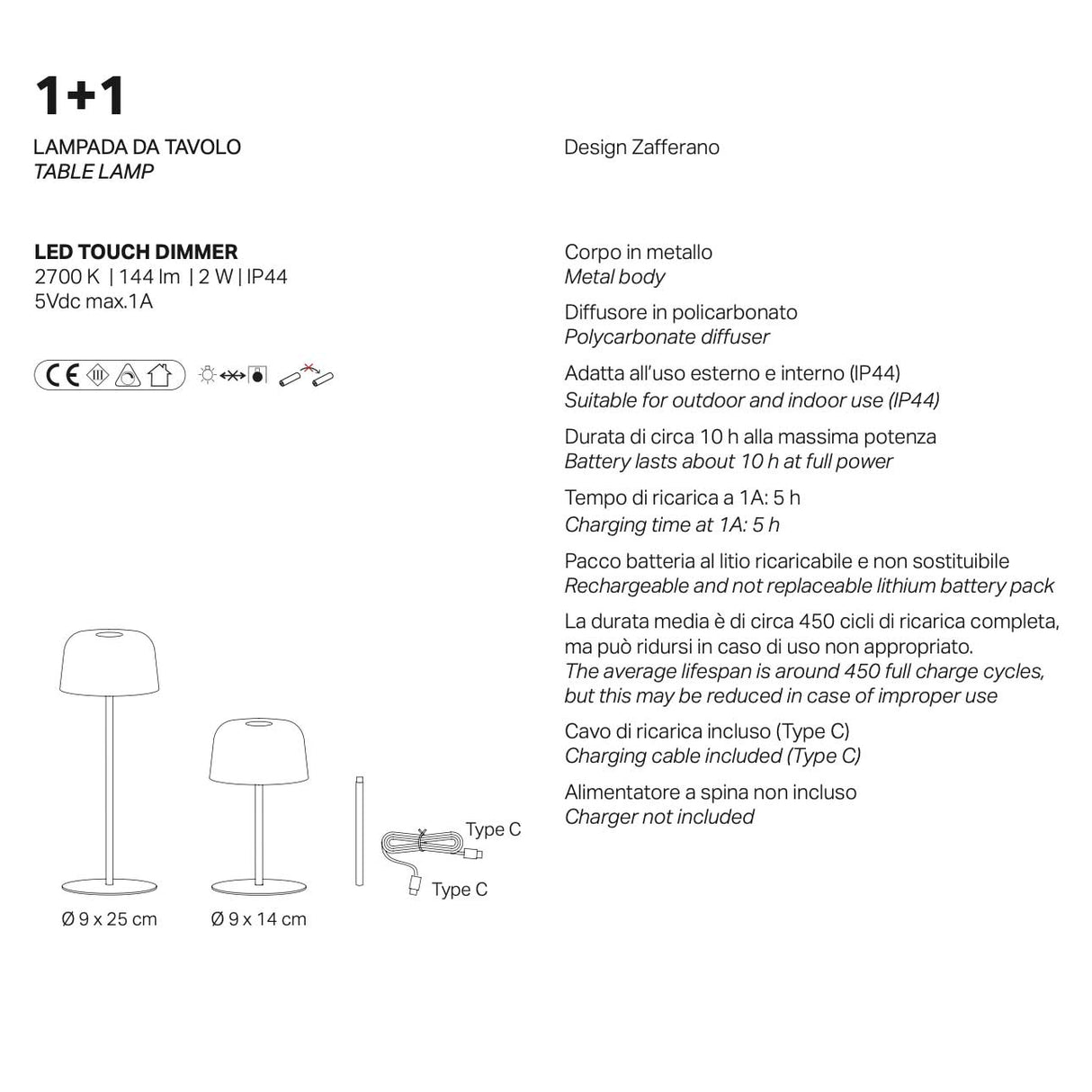 ZAFFERANO Ailati 1+1 Lampada da Tavolo Ricaricabile LED 25/14cm Terracotta in Metallo