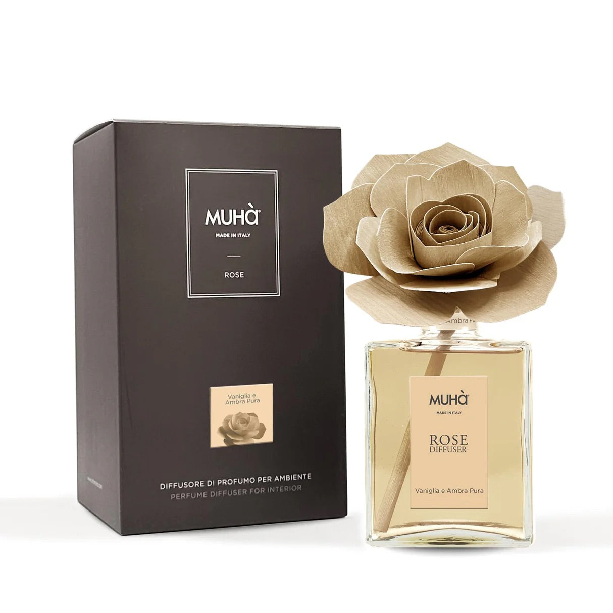 MUHA' Profumatore D'Ambiente Diffusore Rosa 200ml Vaniglia e Ambra Pura