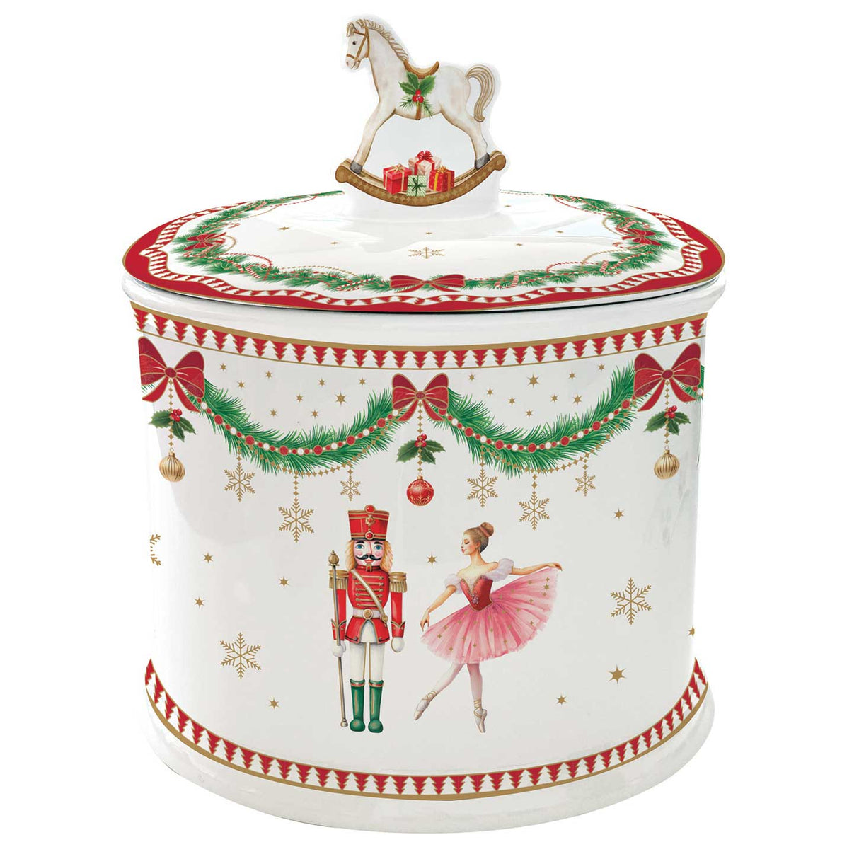 Biscottiera Magie de Noel Easy Life in porcellana con Schiaccianoci 14x16,5 cm