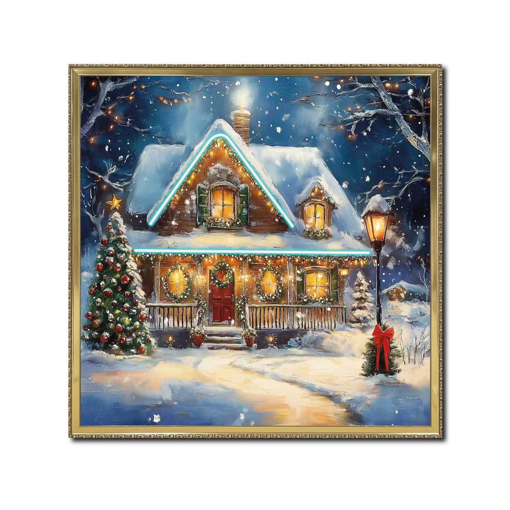 PALAIS ROYAL Quadro Natalizio LED Casa Innevata Stampa su Tela 60x60cm