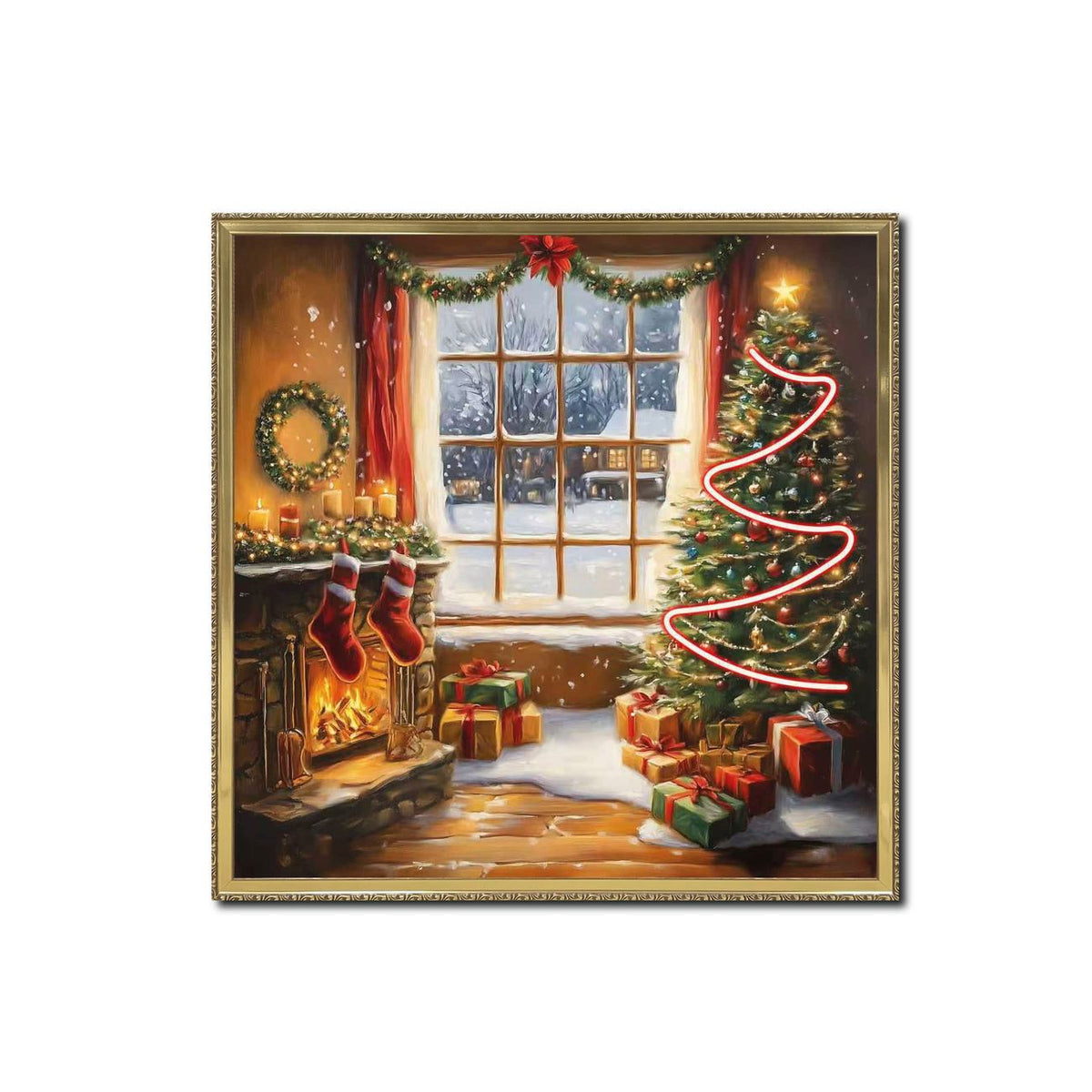 PALAIS ROYAL Quadro Natalizio LED Camino e Albero di Natale Stampa su Tela 60x60cm